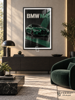 BMW M4 Emerald (car11), Black frame with white printed border in a styled interior. A green BMW M4 is shown from a front three-quarter angle on a reflective dark surface. Emerald diagonal shapes cross the black background beneath the wording BMW M4.