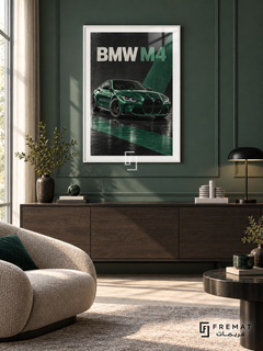 BMW M4 Emerald (car11), White frame with white printed border in a styled interior. A green BMW M4 is shown from a front three-quarter angle on a reflective dark surface. Emerald diagonal shapes cross the black background beneath the wording BMW M4.