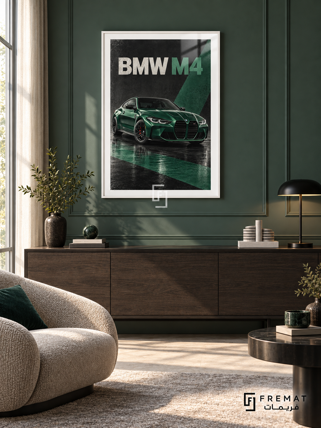 BMW M4 Emerald (car11), White frame with white printed border in a styled interior. A green BMW M4 is shown from a front three-quarter angle on a reflective dark surface. Emerald diagonal shapes cross the black background beneath the wording BMW M4.
