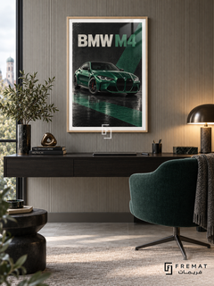 BMW M4 Emerald (car11), Wooden Texture frame with white printed border in a styled interior. A green BMW M4 is shown from a front three-quarter angle on a reflective dark surface. Emerald diagonal shapes cross the black background beneath the wording BMW M4.