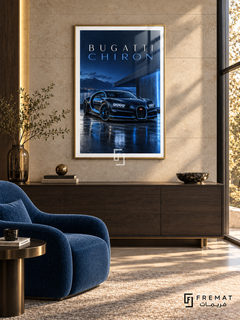 Bugatti Chiron Blue (car12), Gold frame with white printed border in a styled interior. A blue-and-black Bugatti Chiron is shown beside modern architecture at night, reflected on wet paving. Spaced lettering reads BUGATTI CHIRON above blue lighting and distant mountains.