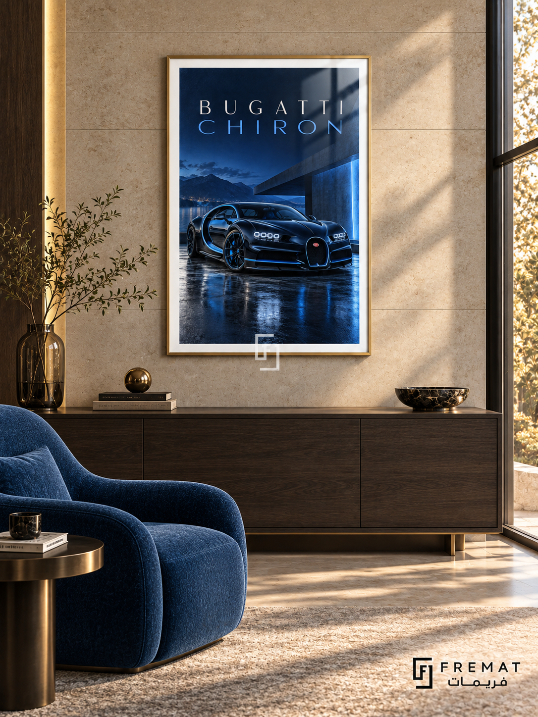 Bugatti Chiron Blue (car12), Gold frame with white printed border in a styled interior. A blue-and-black Bugatti Chiron is shown beside modern architecture at night, reflected on wet paving. Spaced lettering reads BUGATTI CHIRON above blue lighting and distant mountains.