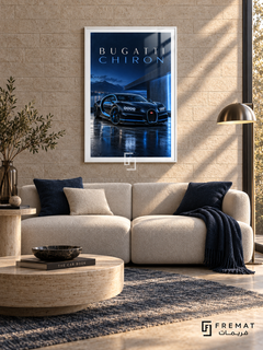 Bugatti Chiron Blue (car12), White frame with white printed border in a styled interior. A blue-and-black Bugatti Chiron is shown beside modern architecture at night, reflected on wet paving. Spaced lettering reads BUGATTI CHIRON above blue lighting and distant mountains.