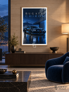 Bugatti Chiron Blue (car12), Wooden Texture frame with white printed border in a styled interior. A blue-and-black Bugatti Chiron is shown beside modern architecture at night, reflected on wet paving. Spaced lettering reads BUGATTI CHIRON above blue lighting and distant mountains.