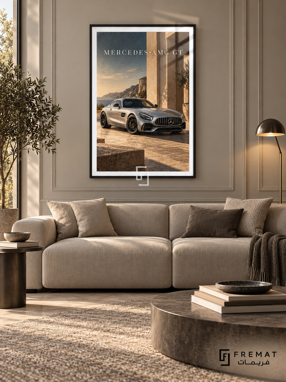 Mercedes-AMG GT Coastal (car13), Black frame with white printed border in a styled interior. A silver Mercedes-AMG GT stands beside sunlit stone architecture overlooking a rocky coast. Warm beige stone and muted blue sky surround the car beneath MERCEDES-AMG GT lettering.