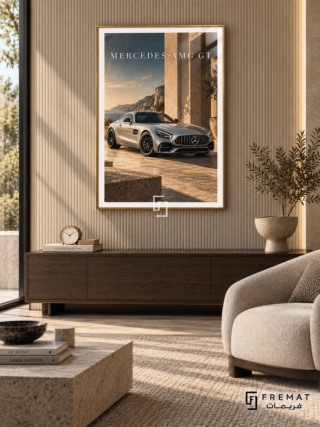 Mercedes-AMG GT Coastal (car13), Gold frame with white printed border in a styled interior. A silver Mercedes-AMG GT stands beside sunlit stone architecture overlooking a rocky coast. Warm beige stone and muted blue sky surround the car beneath MERCEDES-AMG GT lettering.