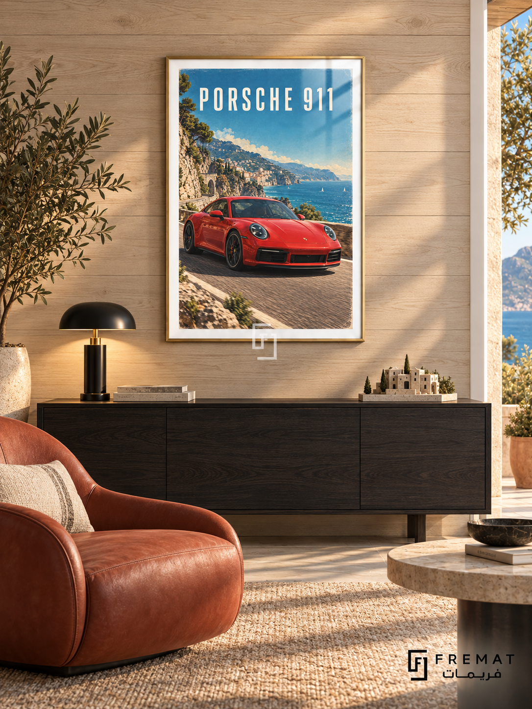 Porsche 911 Coast (car14), Gold frame with white printed border in a styled interior. A red Porsche 911 follows a coastal road beside blue water, hillside buildings and greenery. Cream PORSCHE 911 lettering sits against the bright blue sky.