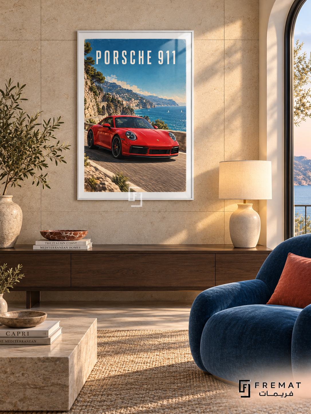 Porsche 911 Coast (car14), White frame with white printed border in a styled interior. A red Porsche 911 follows a coastal road beside blue water, hillside buildings and greenery. Cream PORSCHE 911 lettering sits against the bright blue sky.