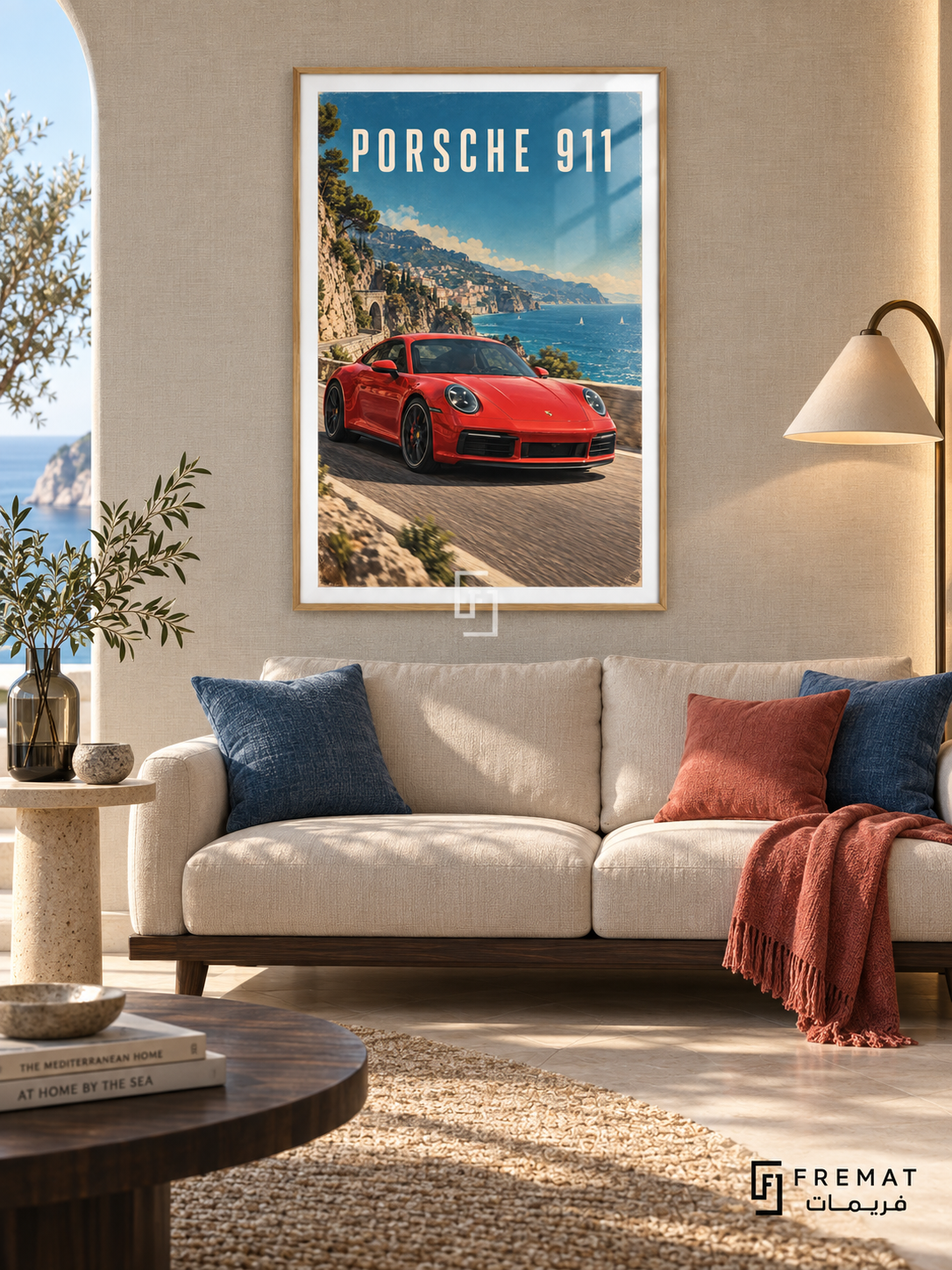 Porsche 911 Coast (car14), Wooden Texture frame with white printed border in a styled interior. A red Porsche 911 follows a coastal road beside blue water, hillside buildings and greenery. Cream PORSCHE 911 lettering sits against the bright blue sky.