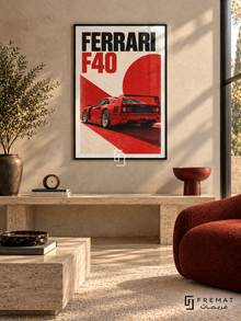 Ferrari F40 Red (car15), Black frame with white printed border in a styled interior. A red Ferrari F40 is shown from a rear three-quarter angle against cream paper, a red circle and a diagonal red block. Bold black-and-red lettering reads FERRARI F40.