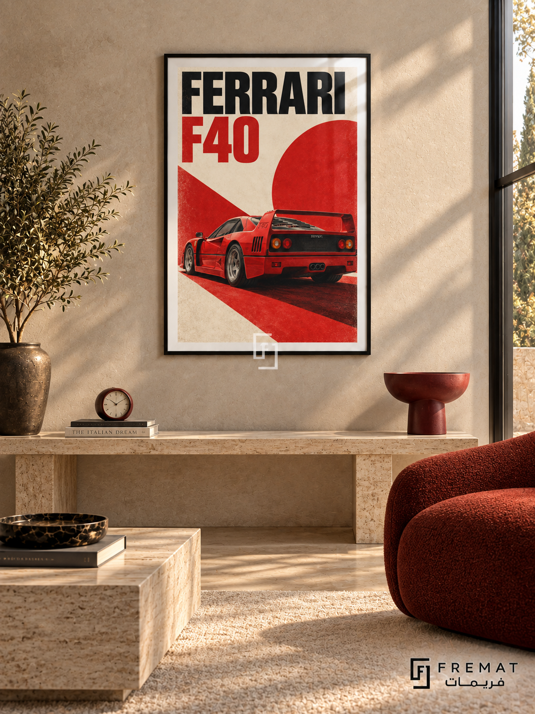 Ferrari F40 Red (car15), Black frame with white printed border in a styled interior. A red Ferrari F40 is shown from a rear three-quarter angle against cream paper, a red circle and a diagonal red block. Bold black-and-red lettering reads FERRARI F40.