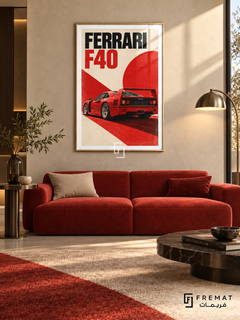 Ferrari F40 Red (car15), Gold frame with white printed border in a styled interior. A red Ferrari F40 is shown from a rear three-quarter angle against cream paper, a red circle and a diagonal red block. Bold black-and-red lettering reads FERRARI F40.