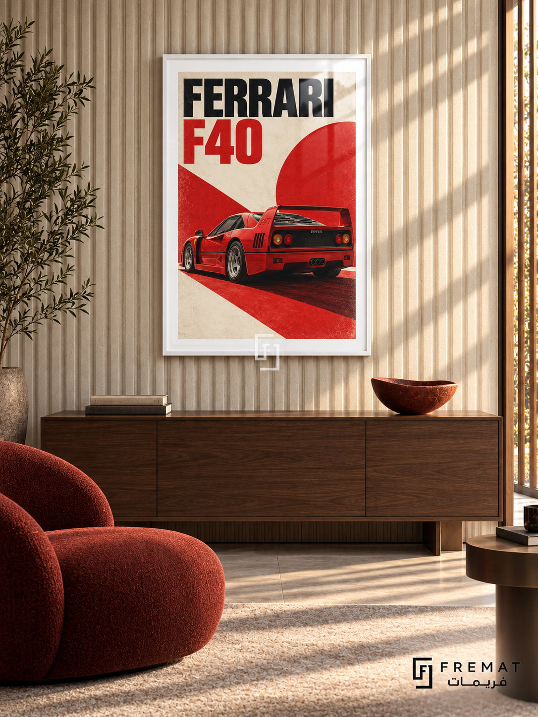 Ferrari F40 Red (car15), White frame with white printed border in a styled interior. A red Ferrari F40 is shown from a rear three-quarter angle against cream paper, a red circle and a diagonal red block. Bold black-and-red lettering reads FERRARI F40.