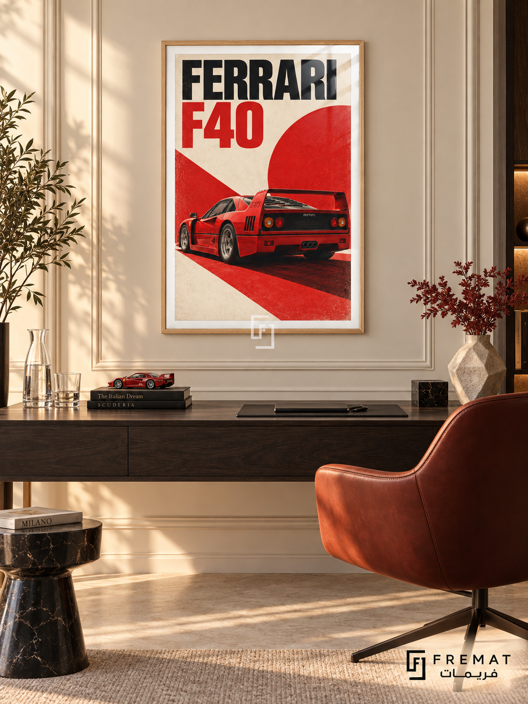 Ferrari F40 Red (car15), Wooden Texture frame with white printed border in a styled interior. A red Ferrari F40 is shown from a rear three-quarter angle against cream paper, a red circle and a diagonal red block. Bold black-and-red lettering reads FERRARI F40.