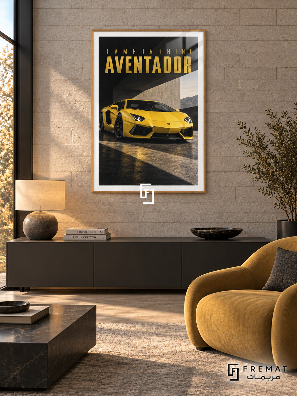 Lamborghini Aventador Yellow (car16), Wooden Texture frame with white printed border in a styled interior. A yellow Lamborghini Aventador stands beneath angular concrete architecture on a reflective surface. Black, grey and yellow shapes frame the wording LAMBORGHINI AVENTADOR.
