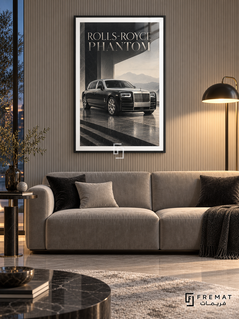 Rolls-Royce Phantom (car17), Black frame with white printed border in a styled interior. A dark Rolls-Royce Phantom with a bright silver grille stands above broad stone steps beneath monumental architecture. The neutral black, grey and cream composition carries ROLLS-ROYCE PHANTOM lettering.