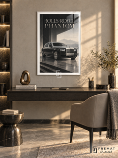 Rolls-Royce Phantom (car17), White frame with white printed border in a styled interior. A dark Rolls-Royce Phantom with a bright silver grille stands above broad stone steps beneath monumental architecture. The neutral black, grey and cream composition carries ROLLS-ROYCE PHANTOM lettering.