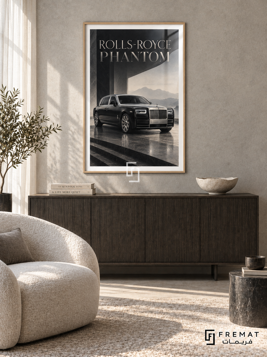 Rolls-Royce Phantom (car17), Wooden Texture frame with white printed border in a styled interior. A dark Rolls-Royce Phantom with a bright silver grille stands above broad stone steps beneath monumental architecture. The neutral black, grey and cream composition carries ROLLS-ROYCE PHANTOM lettering.