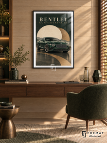 Bentley Continental GT (car18), Black frame with white printed border in a styled interior. A dark green Bentley Continental GT appears against overlapping cream and ochre circles, with a curved gold-toned path reflected beneath it. The heading reads BENTLEY CONTINENTAL GT.