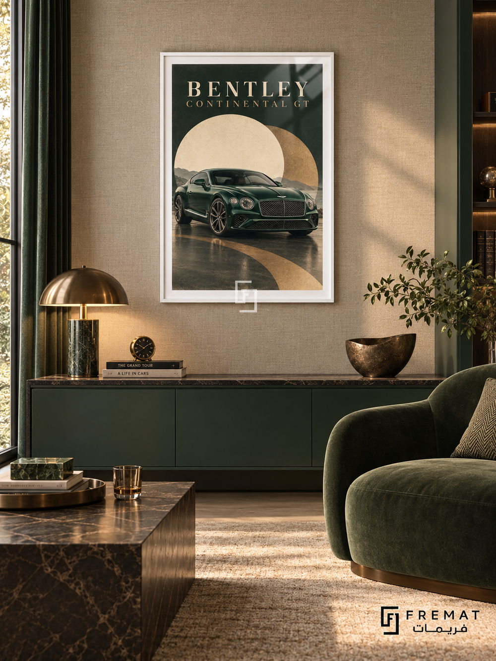 Bentley Continental GT (car18), White frame with white printed border in a styled interior. A dark green Bentley Continental GT appears against overlapping cream and ochre circles, with a curved gold-toned path reflected beneath it. The heading reads BENTLEY CONTINENTAL GT.