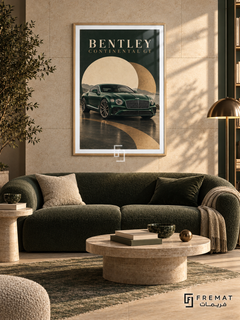Bentley Continental GT (car18), Wooden Texture frame with white printed border in a styled interior. A dark green Bentley Continental GT appears against overlapping cream and ochre circles, with a curved gold-toned path reflected beneath it. The heading reads BENTLEY CONTINENTAL GT.