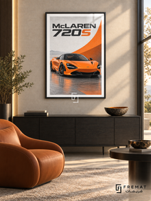 McLaren 720S Orange (car20), Black frame with white printed border in a styled interior. An orange McLaren 720S is seen from a front three-quarter angle against pale grey and sweeping orange graphics. Large black-and-orange lettering reads McLAREN 720S.