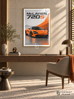 McLaren 720S Orange (car20), Gold frame with white printed border in a styled interior. An orange McLaren 720S is seen from a front three-quarter angle against pale grey and sweeping orange graphics. Large black-and-orange lettering reads McLAREN 720S.
