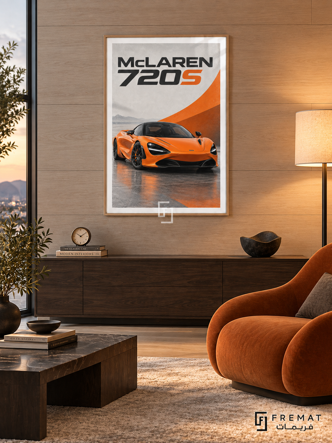 McLaren 720S Orange (car20), Wooden Texture frame with white printed border in a styled interior. An orange McLaren 720S is seen from a front three-quarter angle against pale grey and sweeping orange graphics. Large black-and-orange lettering reads McLAREN 720S.