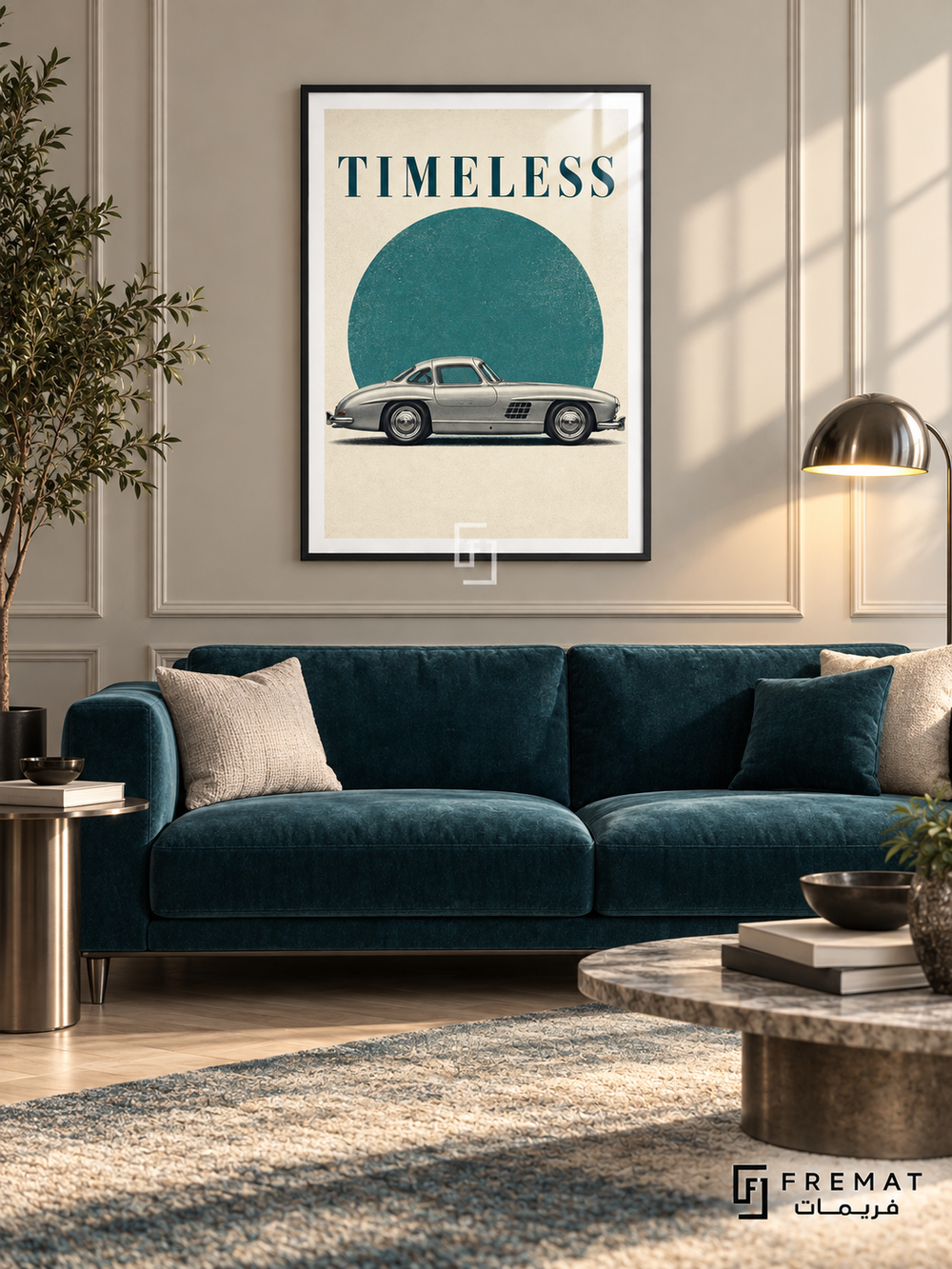 Timeless (car21), Black frame with white printed border in a styled interior. A silver classic coupe is shown in side profile beneath a large teal circle on cream paper. Widely spaced teal serif lettering reads TIMELESS.