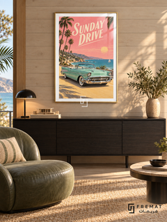 Sunday Drive (car22), Gold frame with white printed border in a styled interior. A mint-green vintage convertible stands on a sunny coastal road beneath palm trees and a pink sunset sky. Cream slanted lettering reads SUNDAY DRIVE.