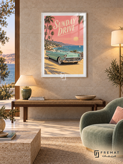 Sunday Drive (car22), White frame with white printed border in a styled interior. A mint-green vintage convertible stands on a sunny coastal road beneath palm trees and a pink sunset sky. Cream slanted lettering reads SUNDAY DRIVE.