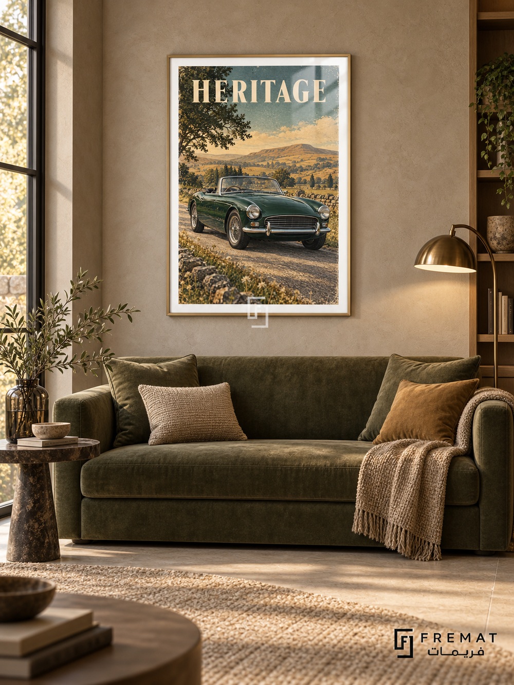 Heritage (car23), Gold frame with white printed border in a styled interior. A green classic open-top roadster follows a country lane through rolling golden hills and trees. Cream HERITAGE lettering sits against a muted blue-green sky.