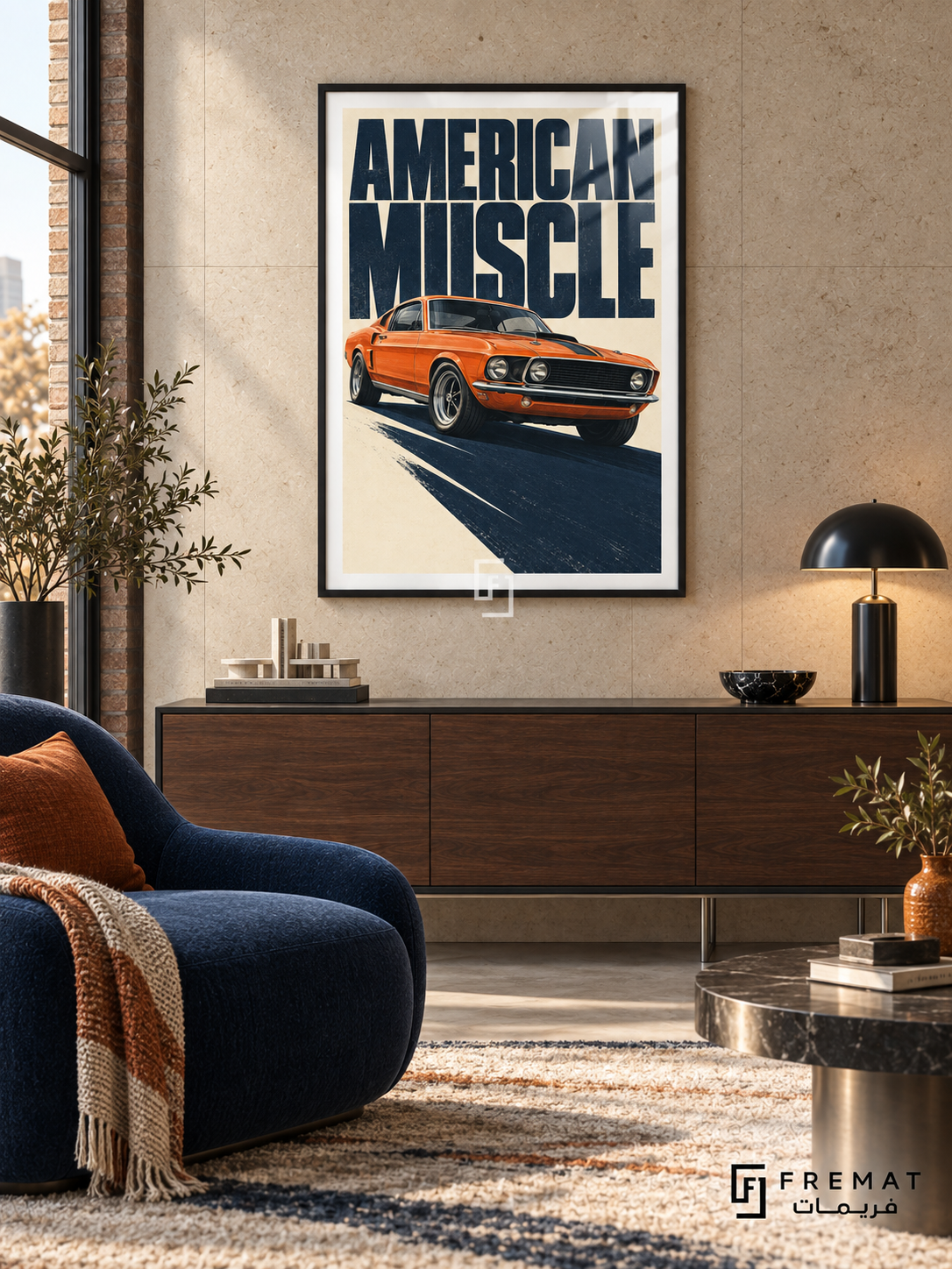 American Muscle (car24), Black frame with white printed border in a styled interior. An orange classic fastback casts a long navy shadow across a cream background. Oversized navy lettering reads AMERICAN MUSCLE above the front three-quarter view.