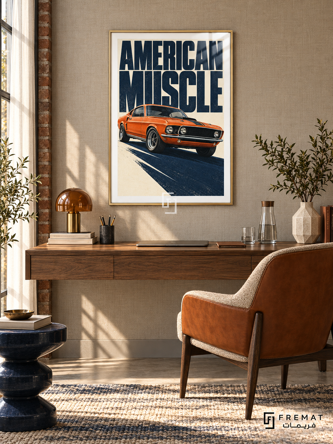 American Muscle (car24), Gold frame with white printed border in a styled interior. An orange classic fastback casts a long navy shadow across a cream background. Oversized navy lettering reads AMERICAN MUSCLE above the front three-quarter view.