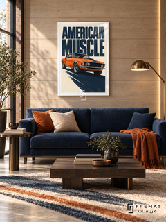 American Muscle (car24), White frame with white printed border in a styled interior. An orange classic fastback casts a long navy shadow across a cream background. Oversized navy lettering reads AMERICAN MUSCLE above the front three-quarter view.