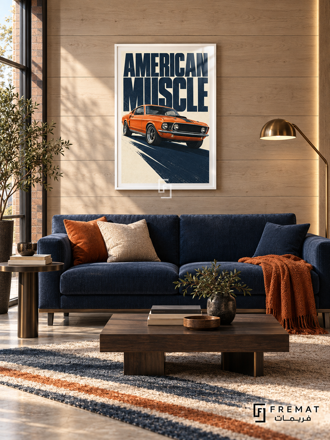 American Muscle (car24), White frame with white printed border in a styled interior. An orange classic fastback casts a long navy shadow across a cream background. Oversized navy lettering reads AMERICAN MUSCLE above the front three-quarter view.