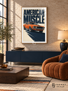 American Muscle (car24), Wooden Texture frame with white printed border in a styled interior. An orange classic fastback casts a long navy shadow across a cream background. Oversized navy lettering reads AMERICAN MUSCLE above the front three-quarter view.
