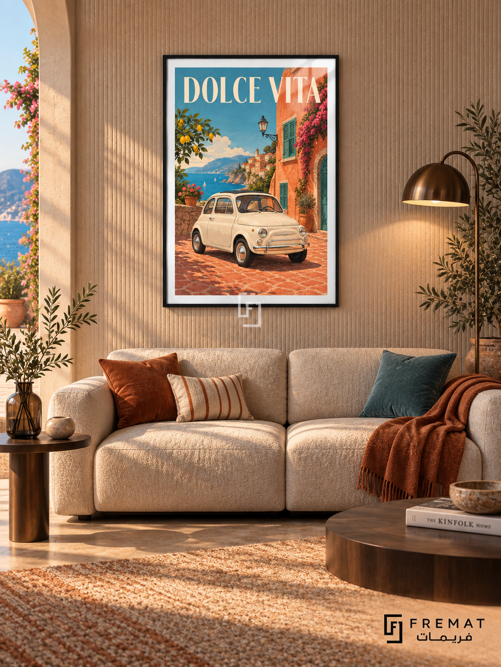 Dolce Vita (car25), Black frame with white printed border in a styled interior. A small cream vintage city car stands on terracotta paving beside an orange coastal building with green shutters. Blue sea, lemons and flowers surround cream DOLCE VITA lettering.