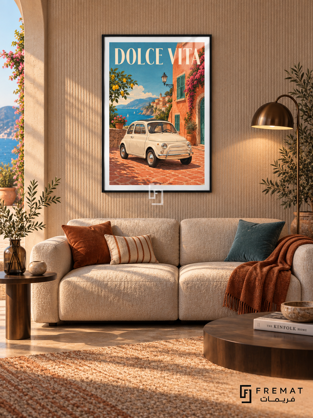 Dolce Vita (car25), Black frame with white printed border in a styled interior. A small cream vintage city car stands on terracotta paving beside an orange coastal building with green shutters. Blue sea, lemons and flowers surround cream DOLCE VITA lettering.