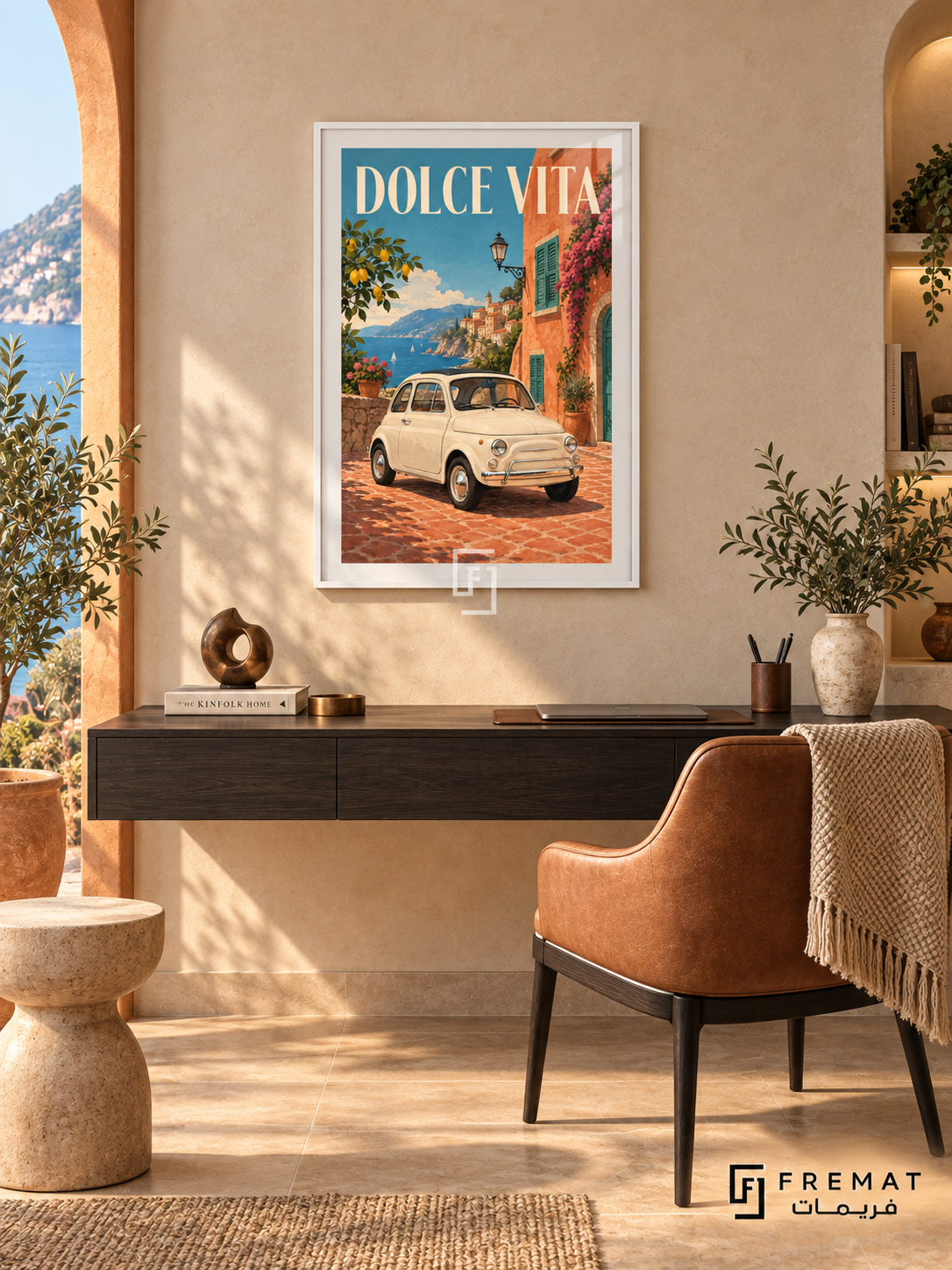 Dolce Vita (car25), White frame with white printed border in a styled interior. A small cream vintage city car stands on terracotta paving beside an orange coastal building with green shutters. Blue sea, lemons and flowers surround cream DOLCE VITA lettering.