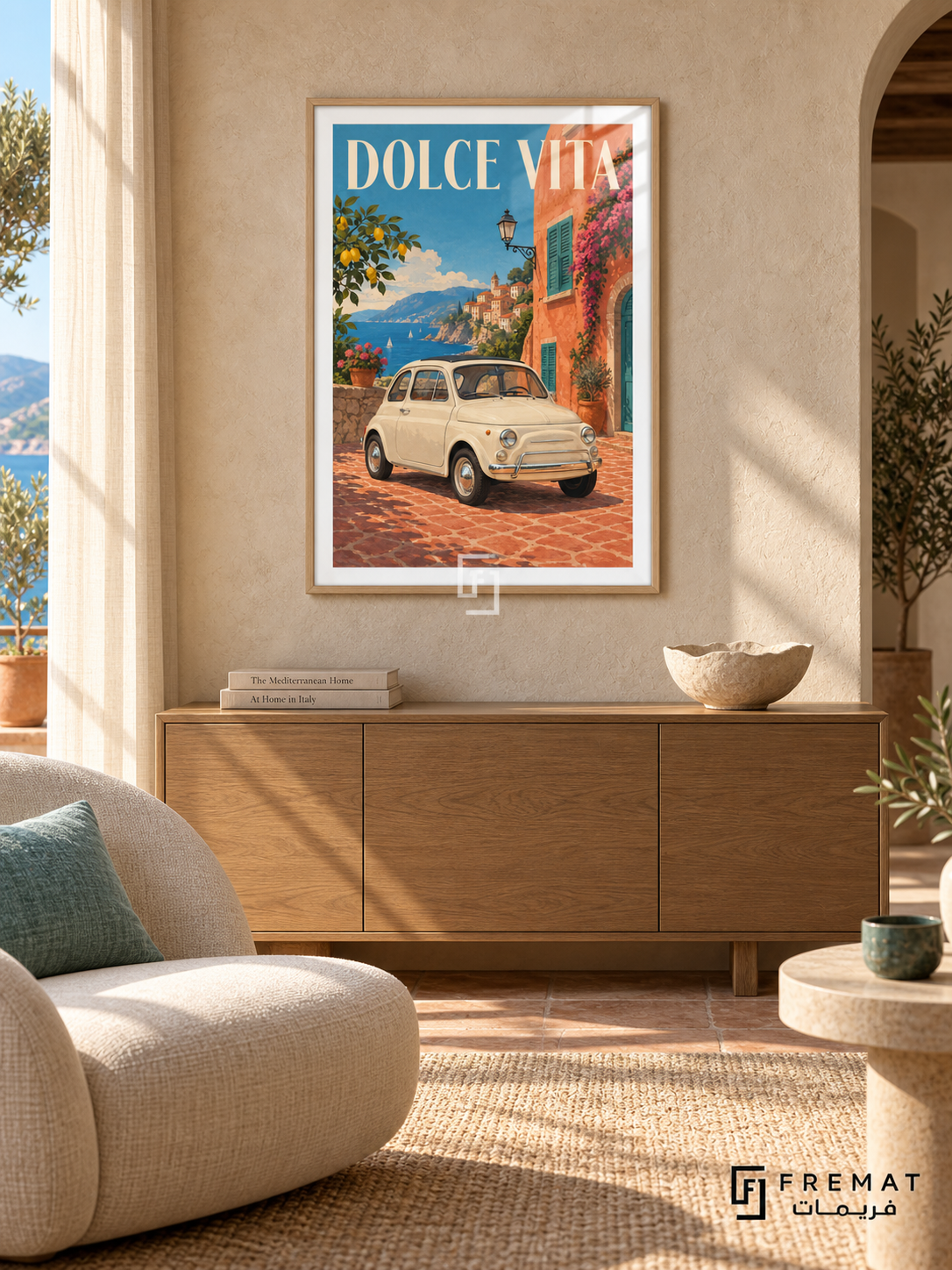 Dolce Vita (car25), Wooden Texture frame with white printed border in a styled interior. A small cream vintage city car stands on terracotta paving beside an orange coastal building with green shutters. Blue sea, lemons and flowers surround cream DOLCE VITA lettering.