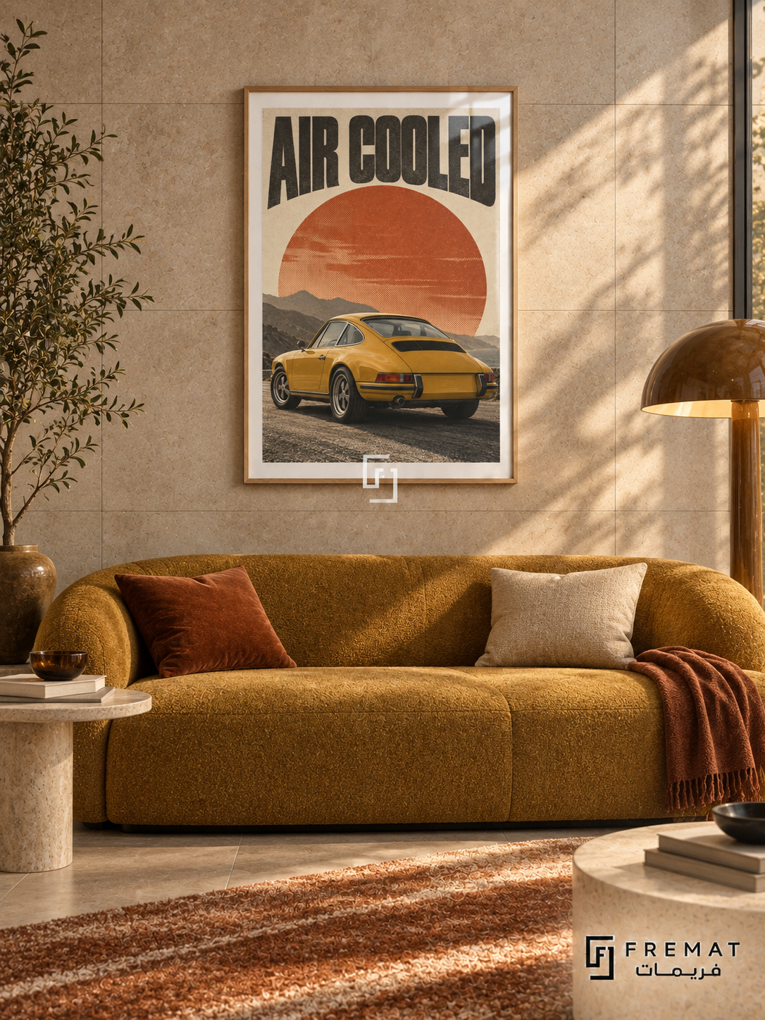 Air Cooled (car26), Wooden Texture frame with white printed border in a styled interior. A mustard-yellow classic coupe is shown from the rear against layered mountains and a large rust-orange sun. Curved black lettering reads AIR COOLED on warm cream paper.