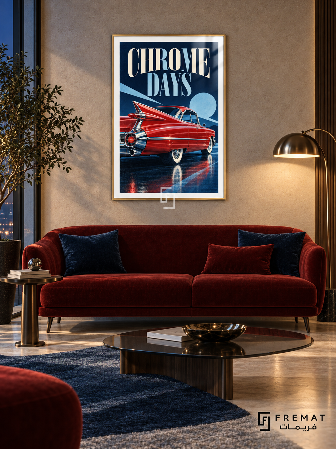 Chrome Days (car27), Gold frame with white printed border in a styled interior. The rear quarter of a red classic car with tall tailfins, bright chrome trim and whitewall tyres fills a navy-and-blue graphic scene. Pale lettering reads CHROME DAYS.