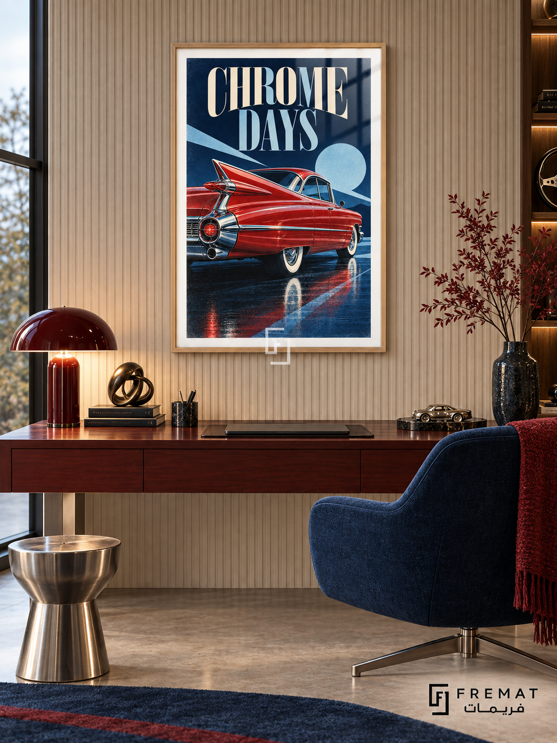 Chrome Days (car27), Wooden Texture frame with white printed border in a styled interior. The rear quarter of a red classic car with tall tailfins, bright chrome trim and whitewall tyres fills a navy-and-blue graphic scene. Pale lettering reads CHROME DAYS.