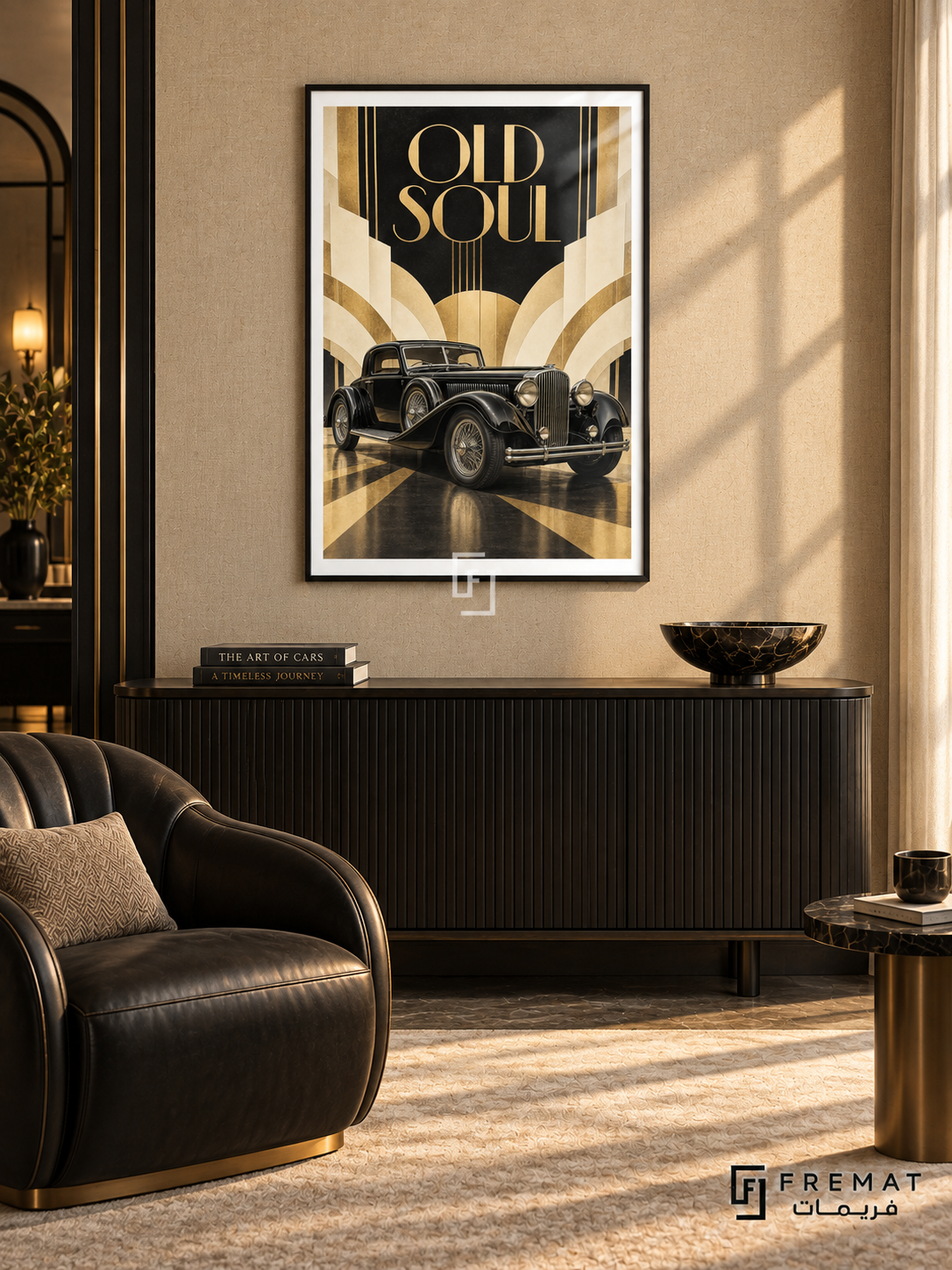 Old Soul (car28), Black frame with white printed border in a styled interior. A black vintage car with rounded wings and a tall grille stands before cream-and-gold Art Deco arches and rays. Gold-toned lettering reads OLD SOUL.