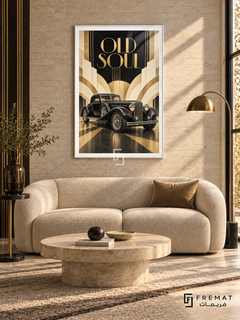 Old Soul (car28), White frame with white printed border in a styled interior. A black vintage car with rounded wings and a tall grille stands before cream-and-gold Art Deco arches and rays. Gold-toned lettering reads OLD SOUL.