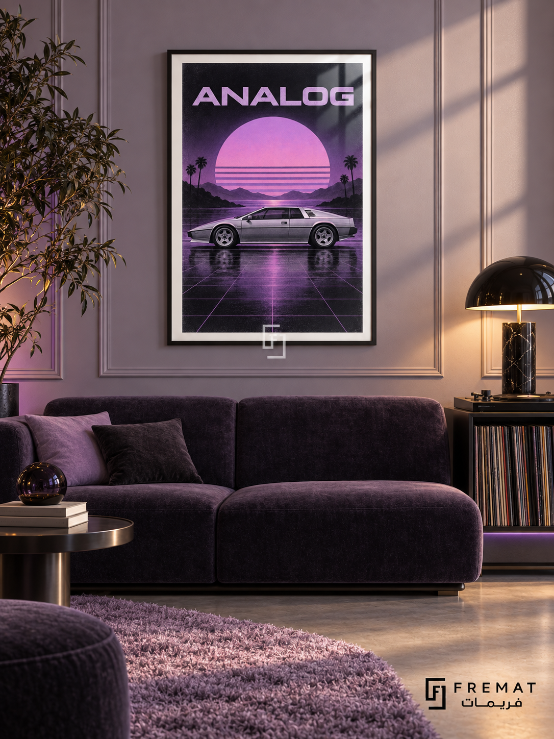 Analog (car29), Black frame with white printed border in a styled interior. A silver wedge-shaped coupe is shown in side profile on a purple reflective grid beneath a striped pink-violet sun, silhouetted palms and mountains. The heading reads ANALOG.