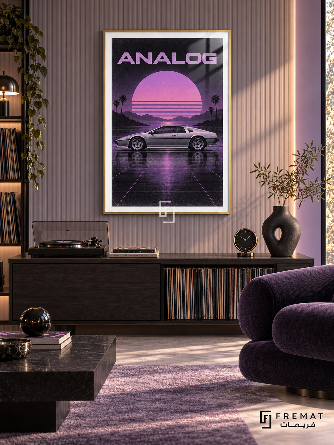 Analog (car29), Gold frame with white printed border in a styled interior. A silver wedge-shaped coupe is shown in side profile on a purple reflective grid beneath a striped pink-violet sun, silhouetted palms and mountains. The heading reads ANALOG.