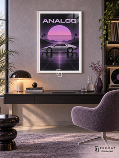Analog (car29), White frame with white printed border in a styled interior. A silver wedge-shaped coupe is shown in side profile on a purple reflective grid beneath a striped pink-violet sun, silhouetted palms and mountains. The heading reads ANALOG.