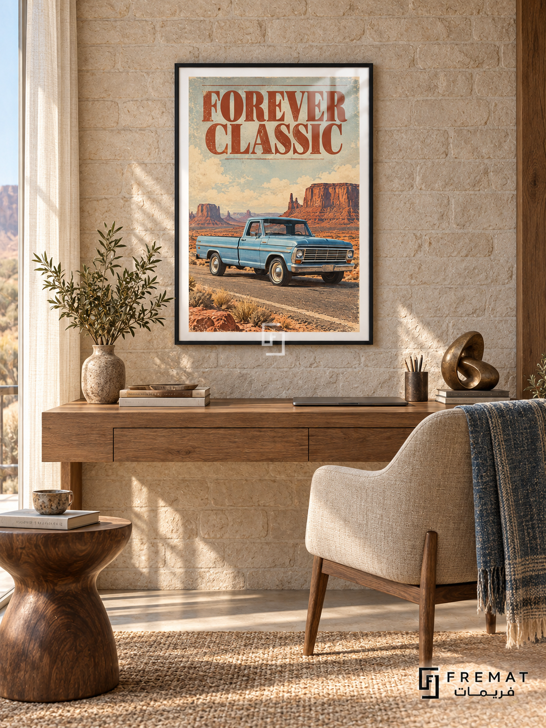 Forever Classic (car30), Black frame with white printed border in a styled interior. A blue vintage pickup stands on a desert road with red sandstone mesas beneath a softly clouded sky. Rust-red serif lettering reads FOREVER CLASSIC.